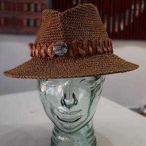 Wool and the Gang Tropez Tan Fedora with yellow cedar hatband by Loa Ryan (Tsimshian)