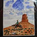 Original Art by Douglas Yazzie - Mesa, Native American Man on Horse, w/ Pottery