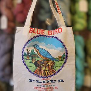 Handmade Repurposed Blue Bird Flour - Tote Bag- Local Artist